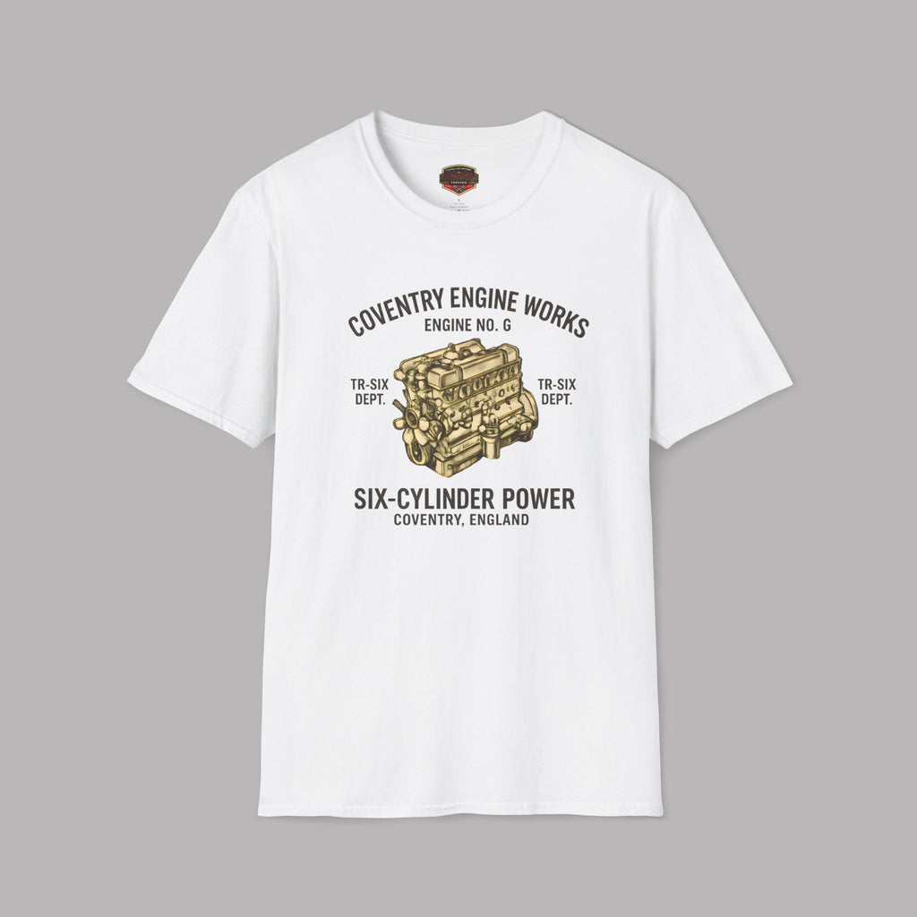 White t-shirt with coventry engine graphic and text on a gray background