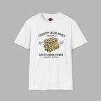 White t-shirt with coventry engine graphic and text on a gray background
