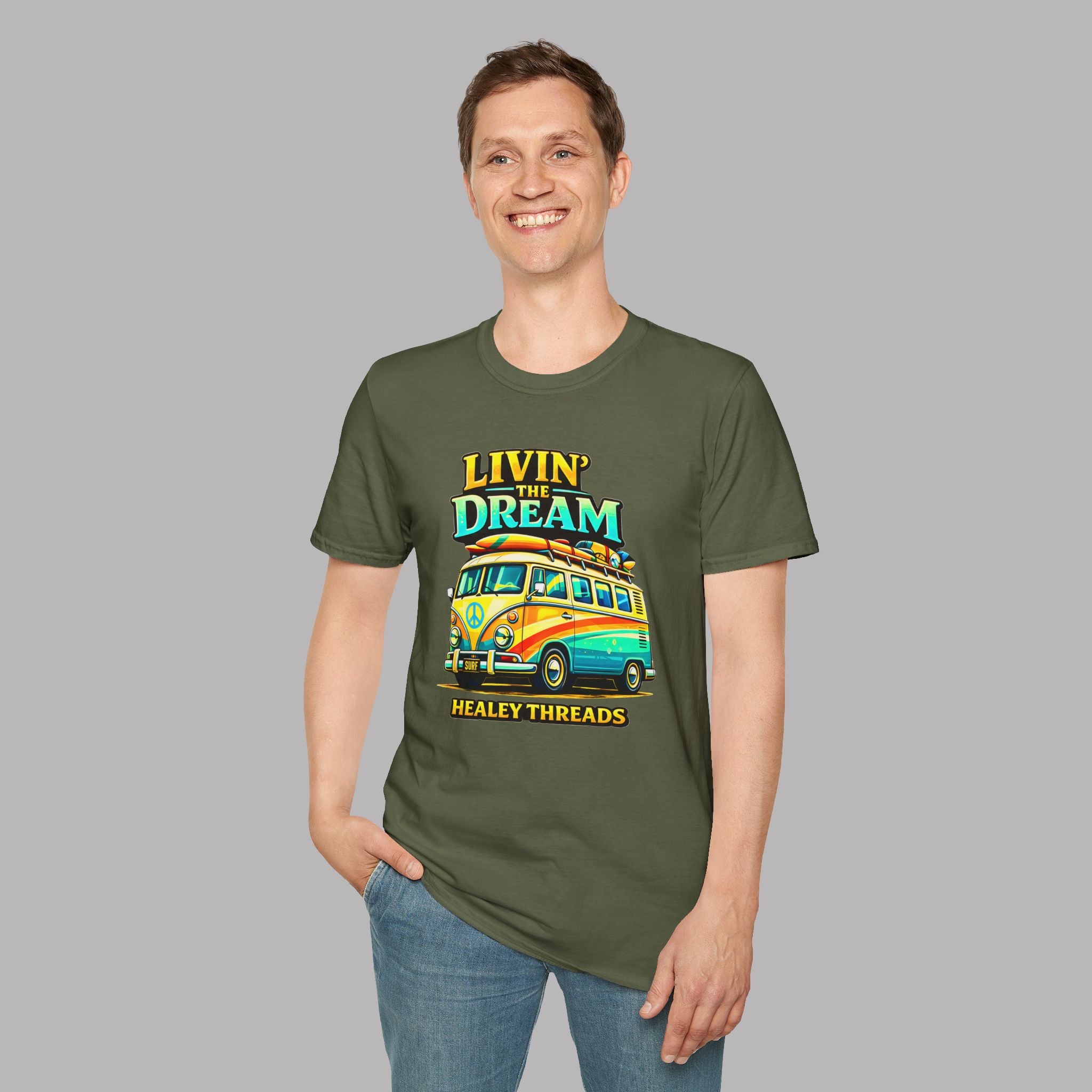 Man wearing a military green t-shirt with a colorful van graphic and text on a gray background