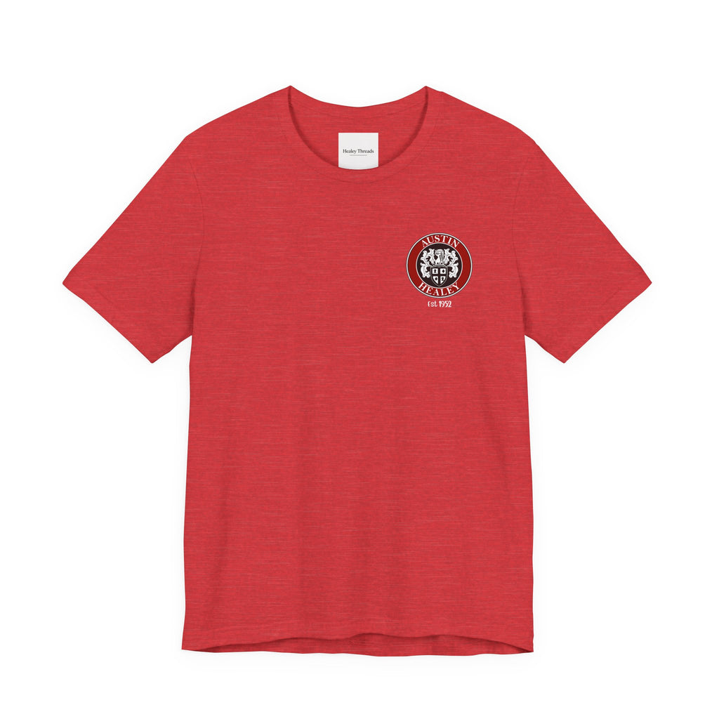 Heather red t-shirt with a logo on the chest against a white background