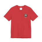 Heather red t-shirt with a logo on the chest against a white background