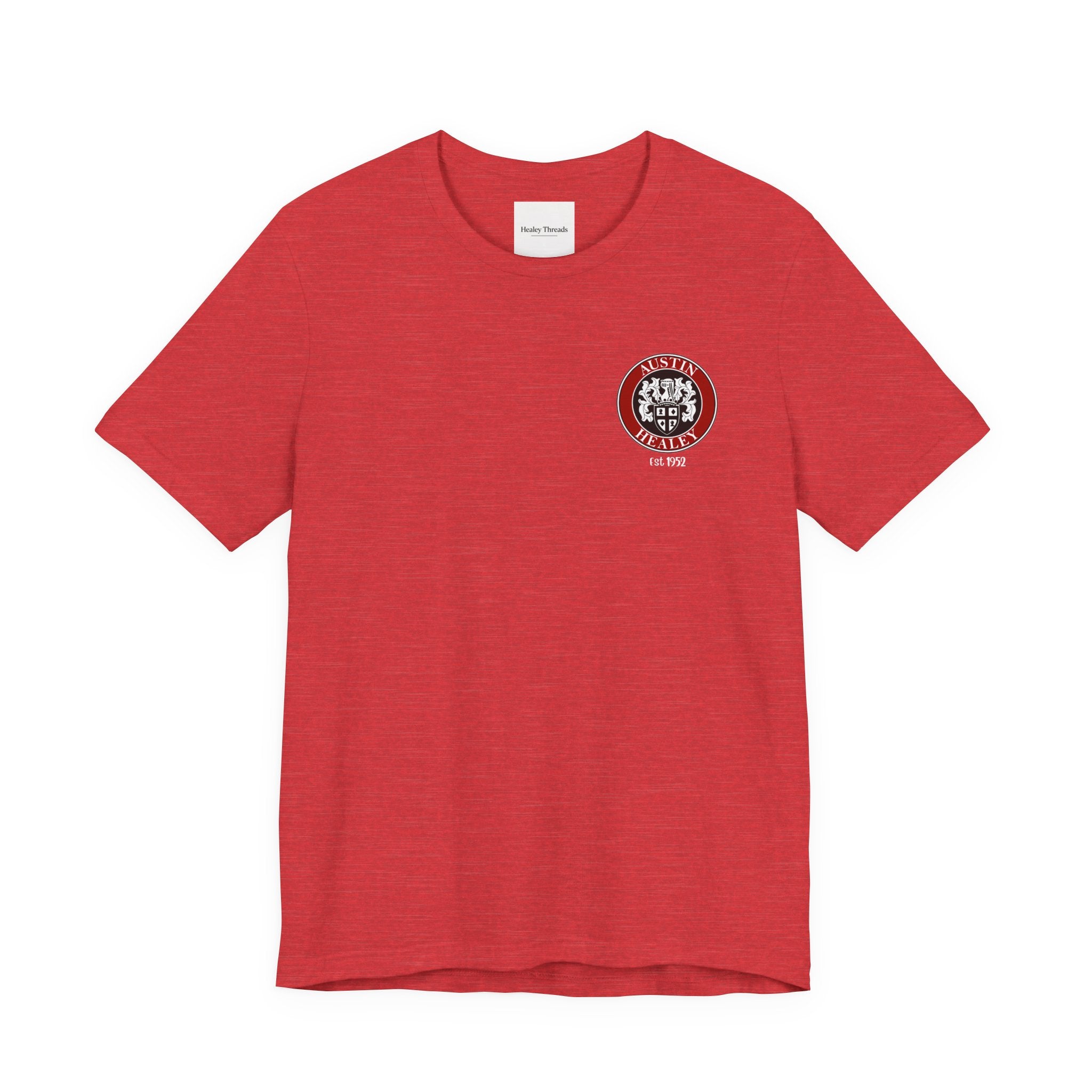 Heather red t-shirt with a logo on the chest against a white background