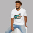 Man wearing a white t-shirt with a graphic van design sitting on a gray background