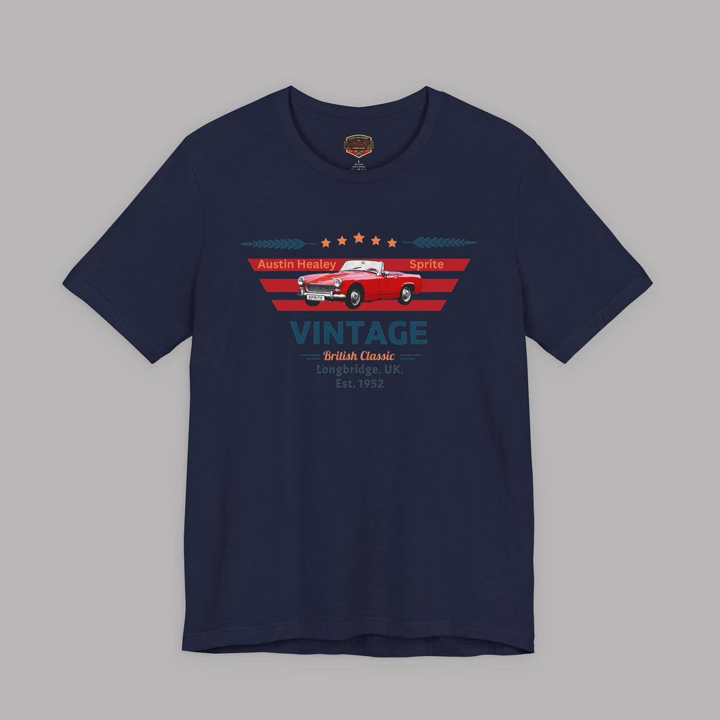 Navy blue t-shirt with a red classic car graphic and text on a gray background