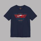 Navy blue t-shirt with a red classic car graphic and text on a gray background