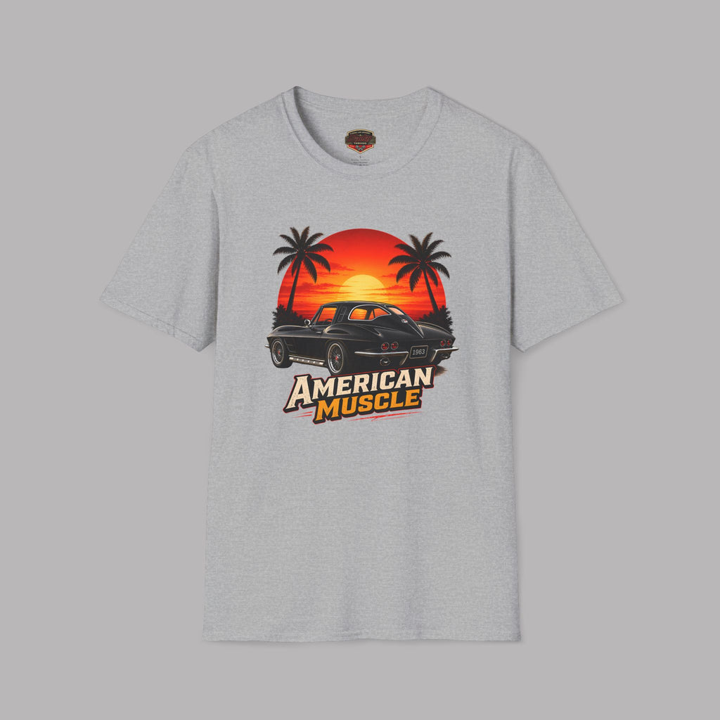 Sport gray t-shirt with 'American Muscle' graphic design featuring a sunset and palm trees on a gray background.