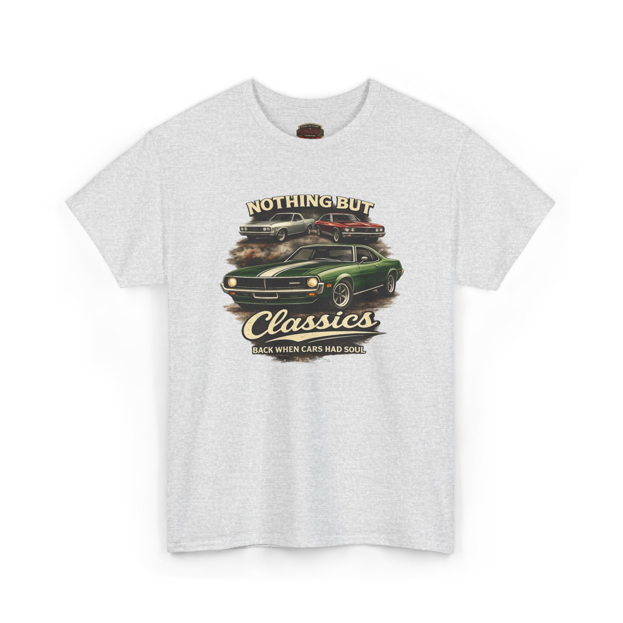 Ash t-shirt with classic car graphic and text on a white background