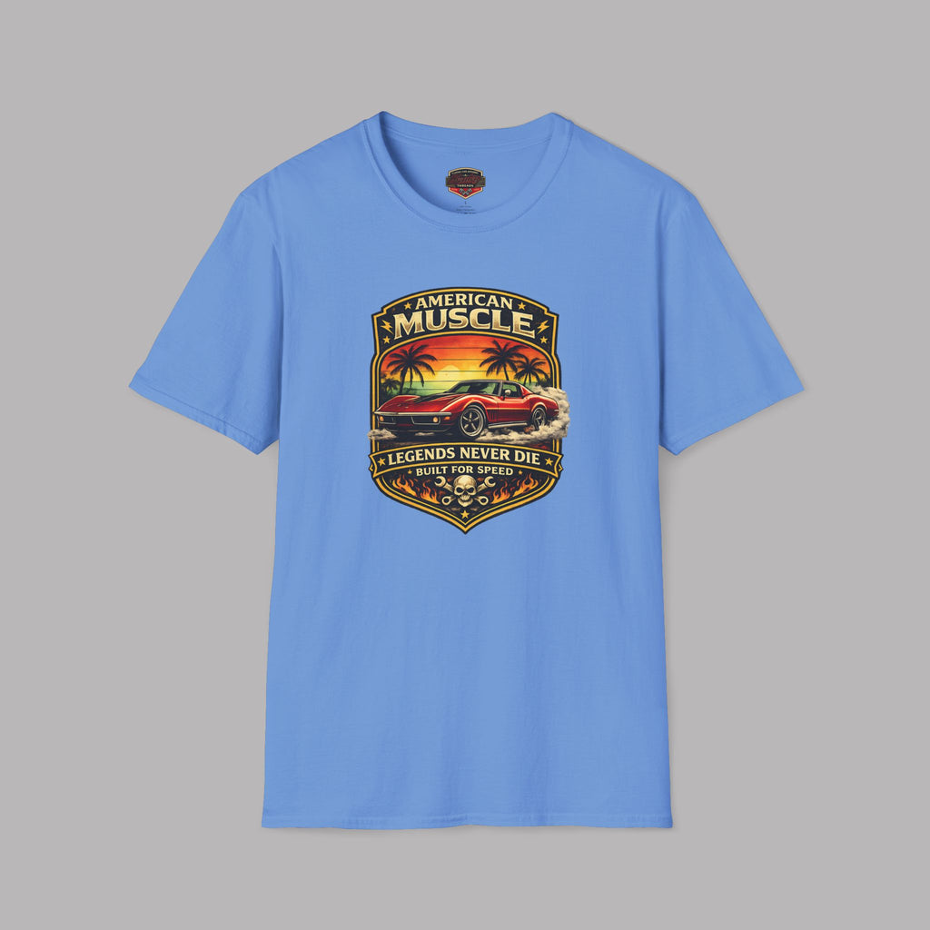 Carolina blue t-shirt with American Muscle graphic design on a gray background