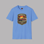 Carolina blue t-shirt with American Muscle graphic design on a gray background
