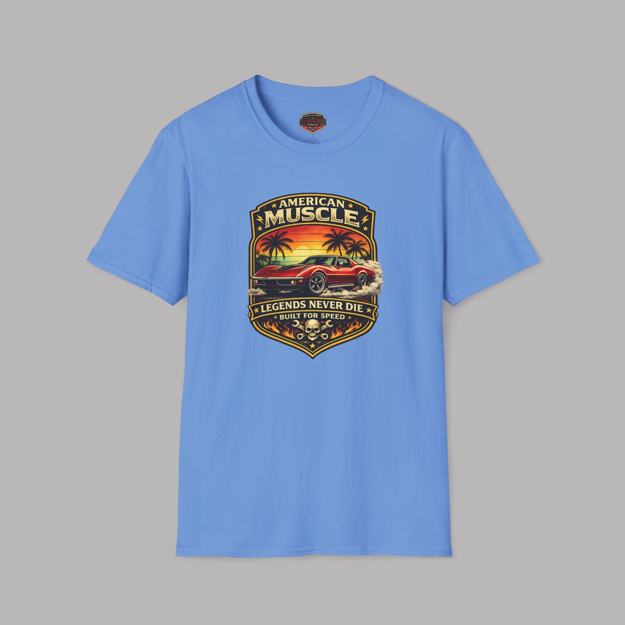 Carolina blue t-shirt with American Muscle graphic design on a gray background