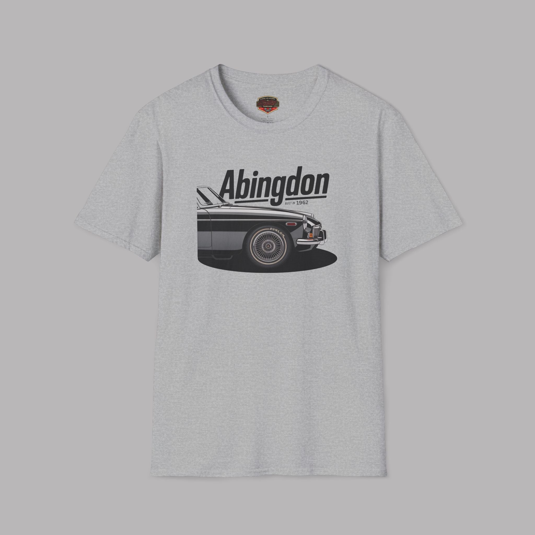 Sport gray t-shirt with a classic car graphic and 'Abingdon' text on a gray background