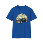 Blue t-shirt with Austin Healey graphic on a blue background