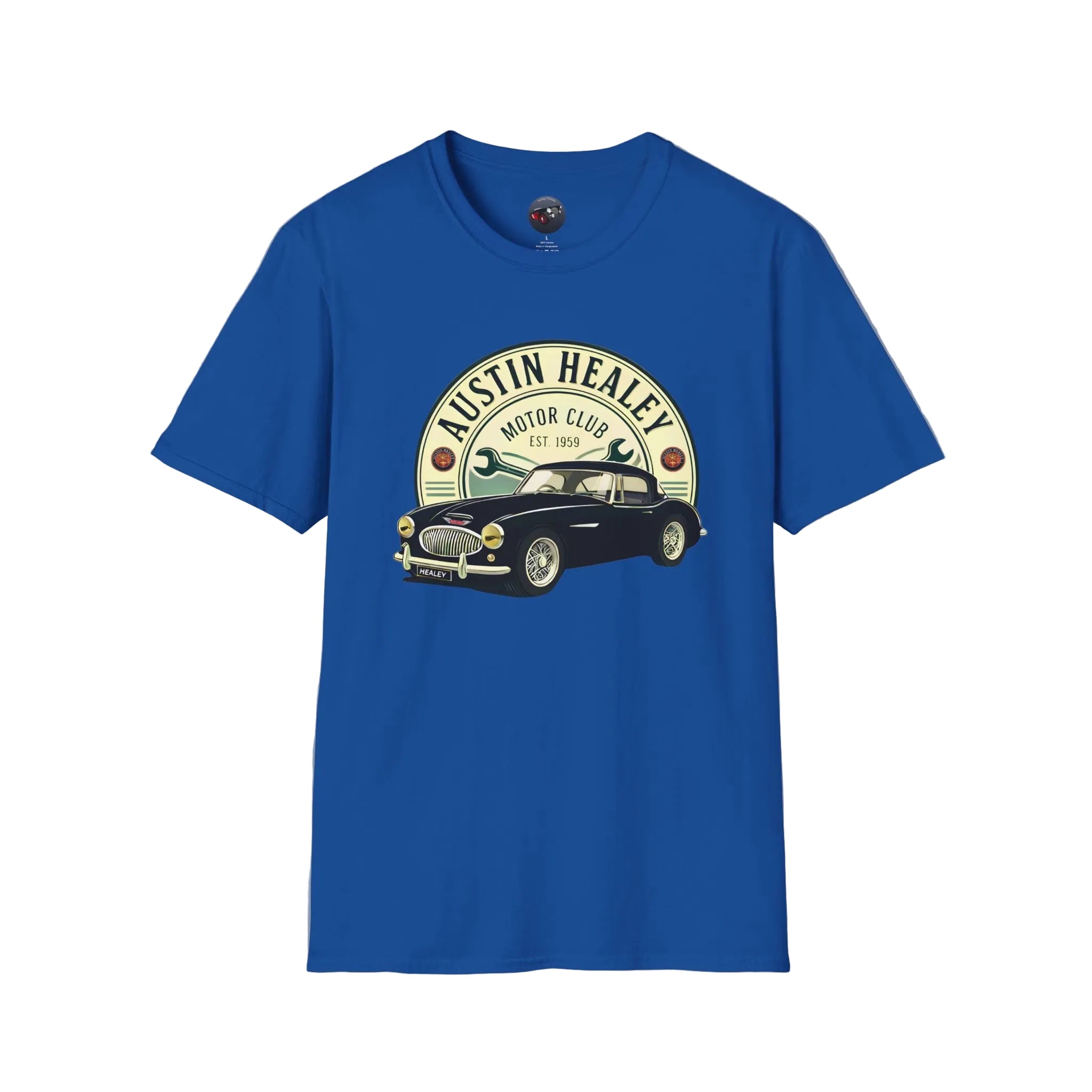 Blue t-shirt with Austin Healey graphic on a blue background
