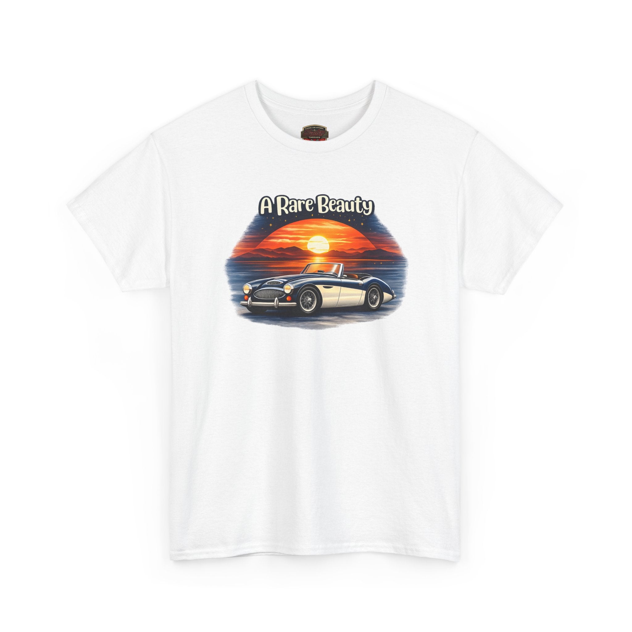 White t-shirt with a graphic of a car and sunset design on a white background