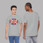 Two people wearing sport gray t-shirts with a British logo, one showing front and the other back.