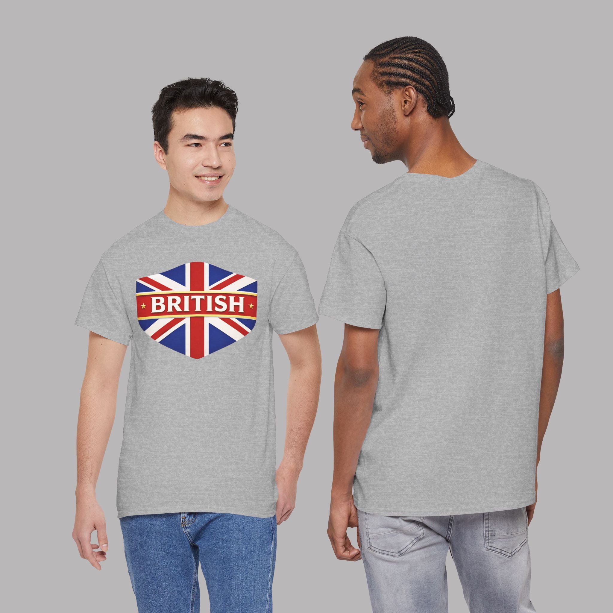 Two people wearing sport gray t-shirts with a British logo, one showing front and the other back.