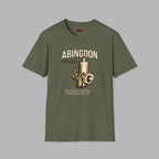 Military green t-shirt with a mechanical design and 'Abingdon' text on a gray background