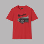 Red t-shirt with a graphic of a classic car and 'Built in Abingdon' text on a gray background