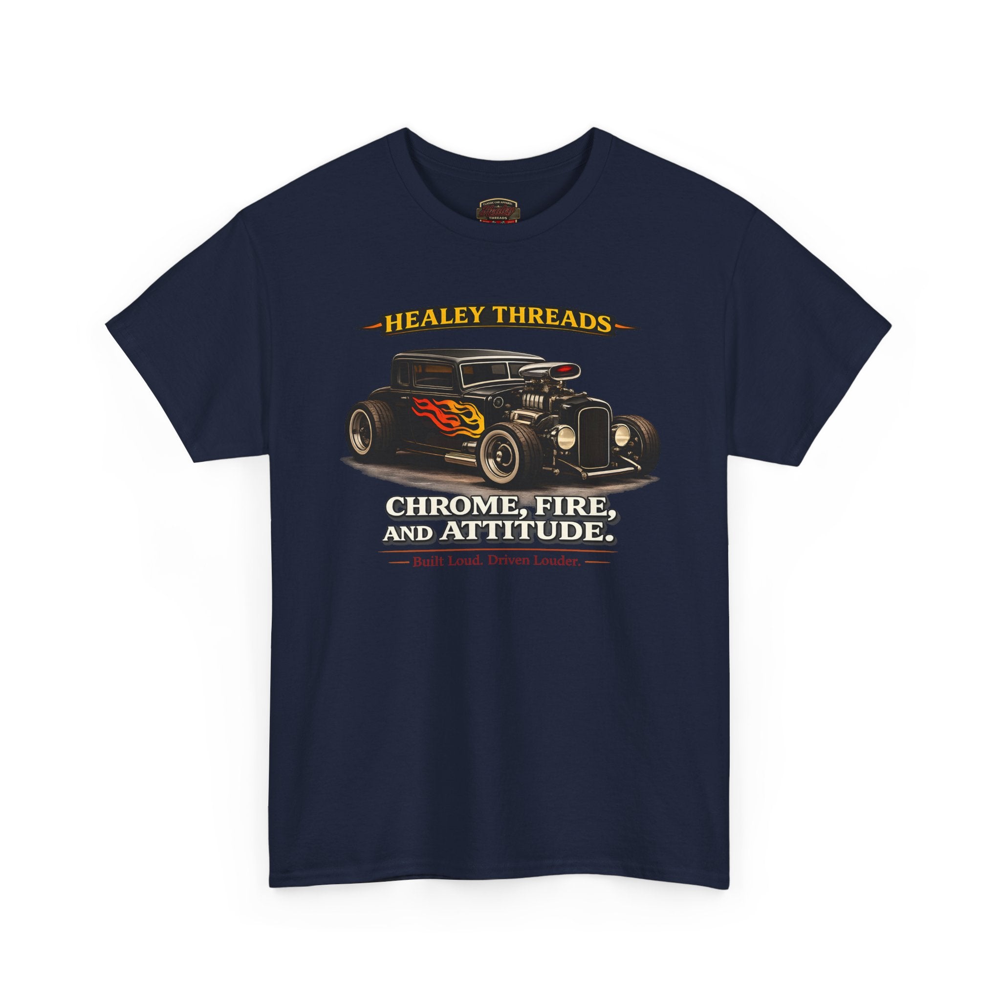 Navy blue t-shirt with vintage hot rod car graphic and text on a white background