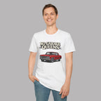 Man wearing a white t-shirt with a graphic of a red car and text on a gray background