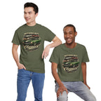 Two guys wearing military green t-shirts with a graphic design of cars and text on a white background.
