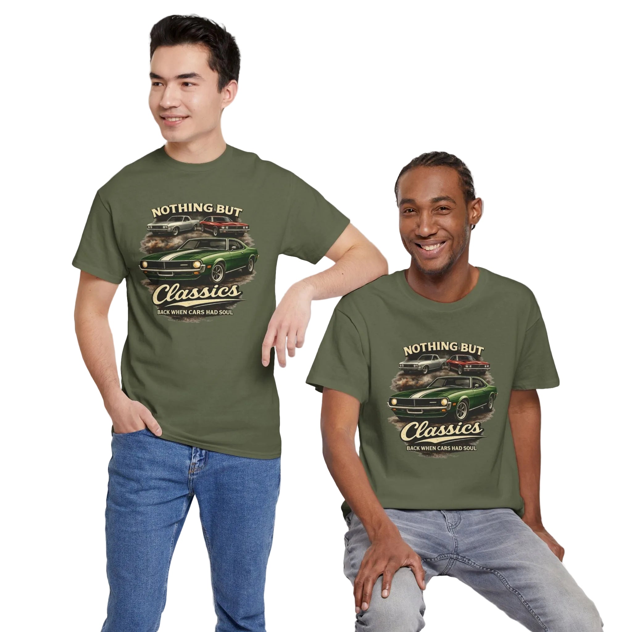 Two guys wearing military green t-shirts with a graphic design of cars and text on a white background.