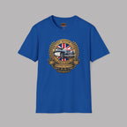 Royal blue t-shirt with a British Motor Club logo on a gray background