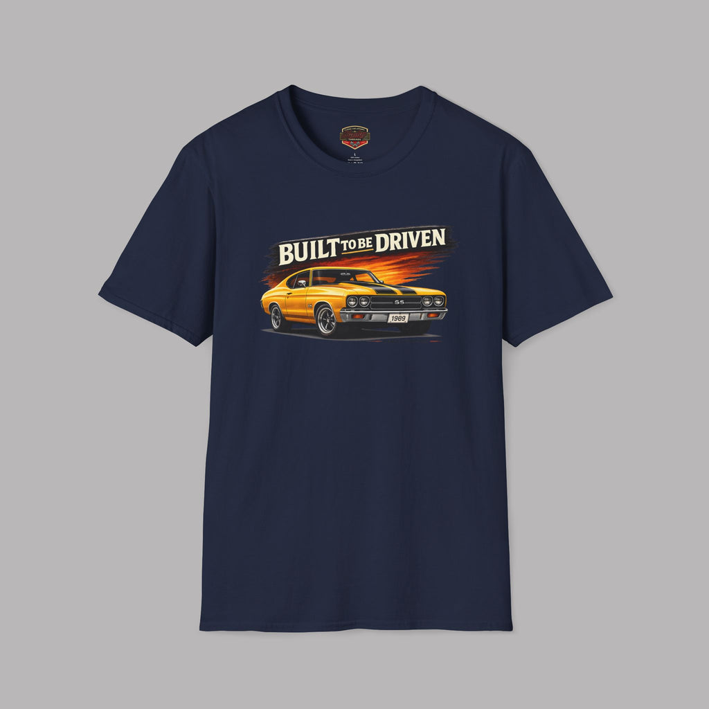 Navy blue t-shirt with a graphic of a car and 'Built to be Driven' text on a gray background