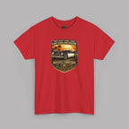 Red t-shirt with a graphic car design on a gray background