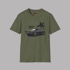 Military green t-shirt with a graphic of a car and palm tree on a gray background