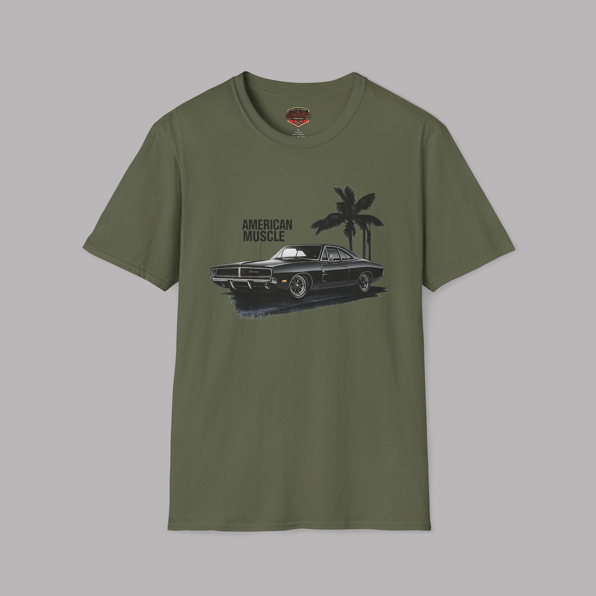 Military green t-shirt with a graphic of a car and palm tree on a gray background