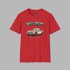 Red t-shirt with a graphic of a vintage MGB car and text on a gray background