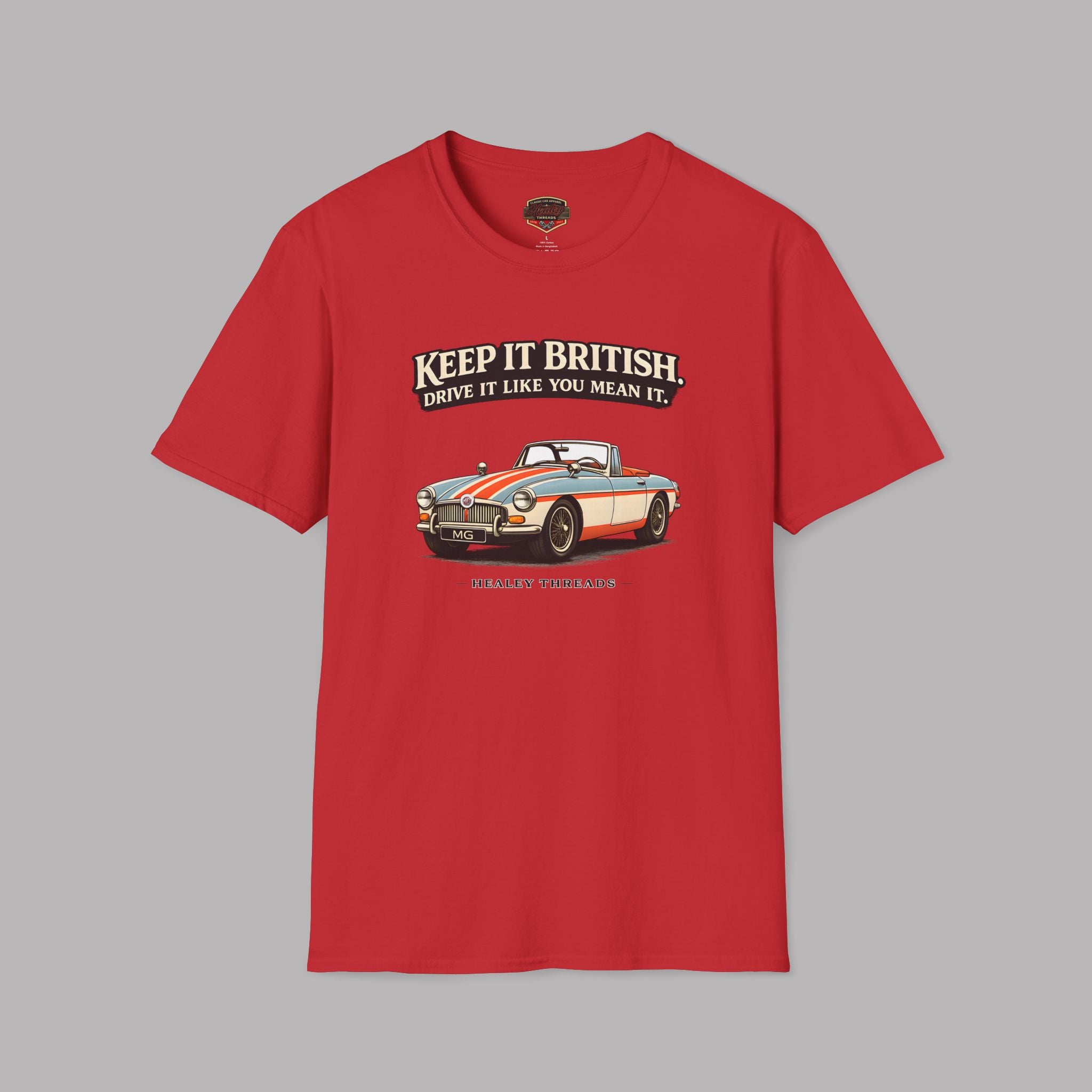 Red t-shirt with a graphic of a vintage MGB car and text on a gray background
