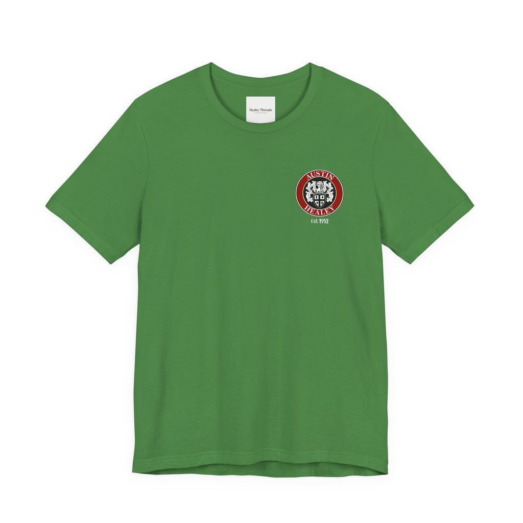 Green t-shirt with a red and white logo on a white background