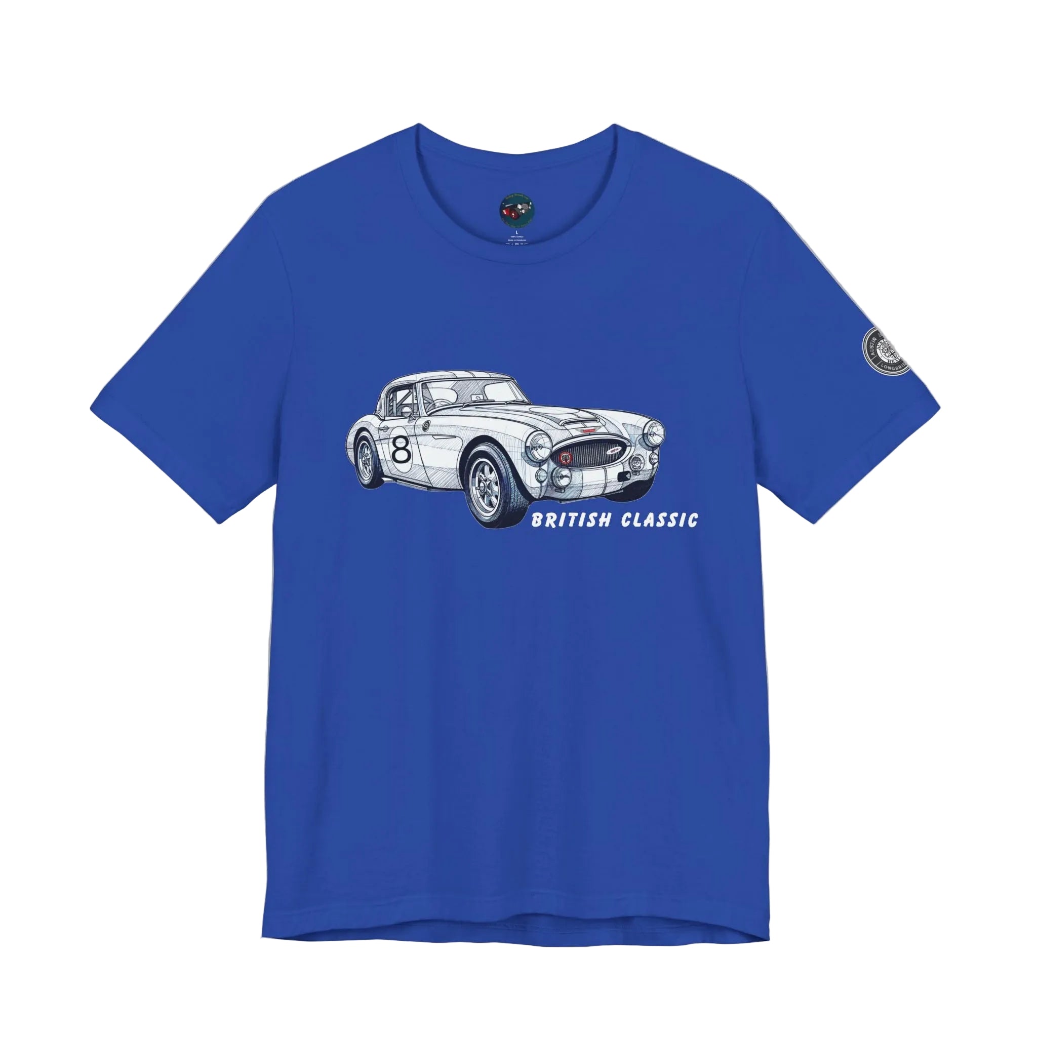 Blue t-shirt with a white classic car graphic and 'British Classic' text on a white background