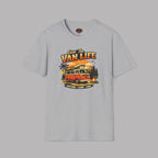 Sport gray t-shirt with 'Van Life' graphic design featuring a van, palm trees, and mountains on a gray background.