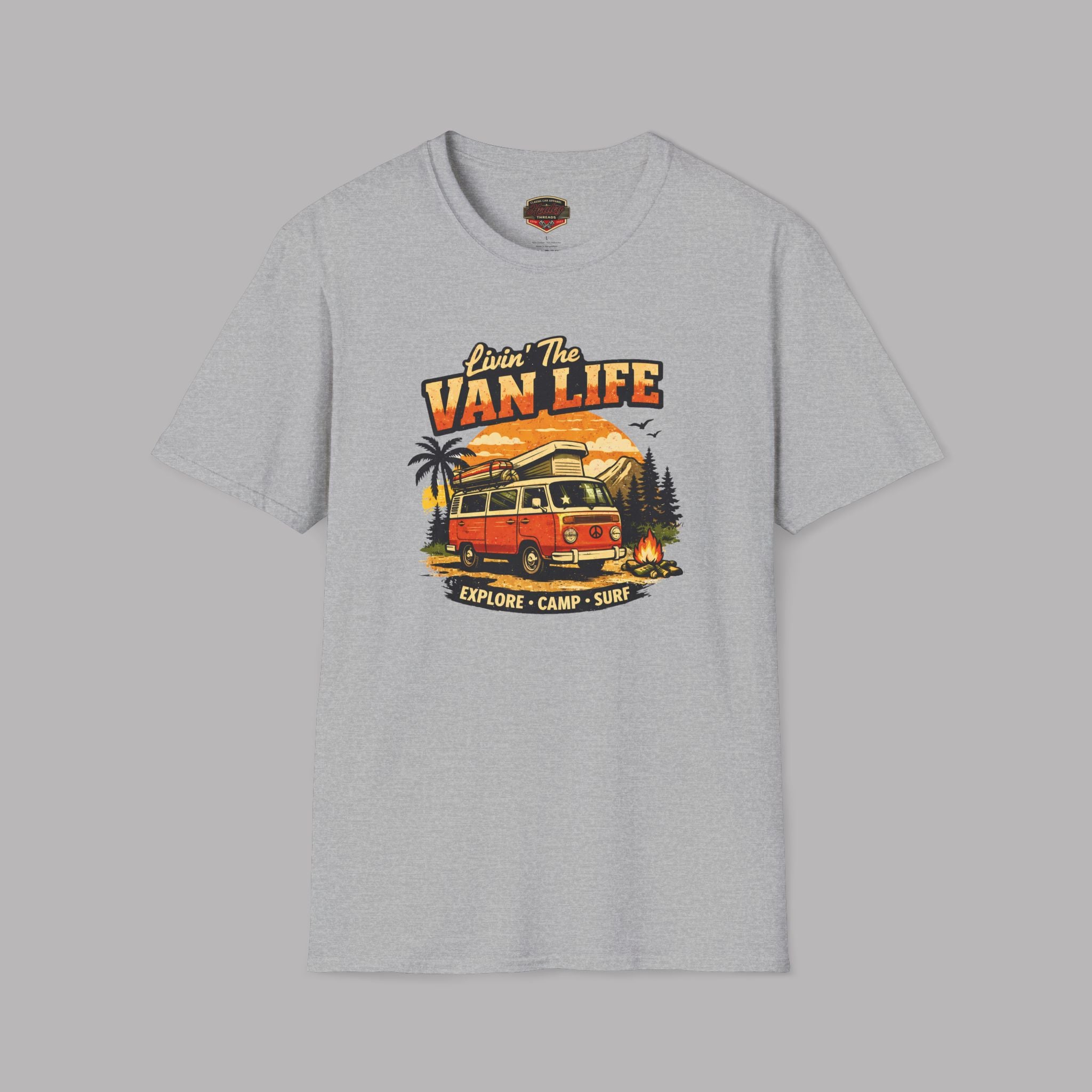Sport gray t-shirt with 'Van Life' graphic design featuring a van, palm trees, and mountains on a gray background.