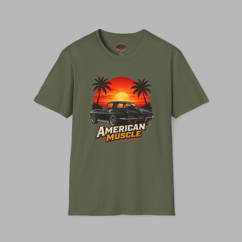Military green t-shirt with 'American Muscle' graphic design on a gray background