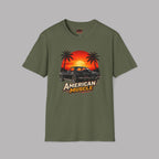 Military green t-shirt with 'American Muscle' graphic design on a gray background
