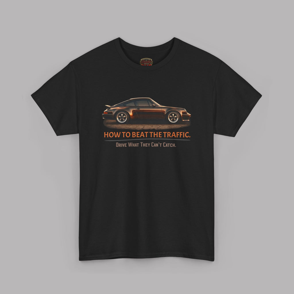 Black t-shirt with a car graphic and text on a gray background