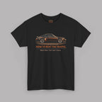Black t-shirt with a car graphic and text on a gray background