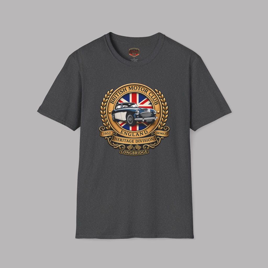 Dark heather t-shirt with a graphic British Motor Club logo on a white background
