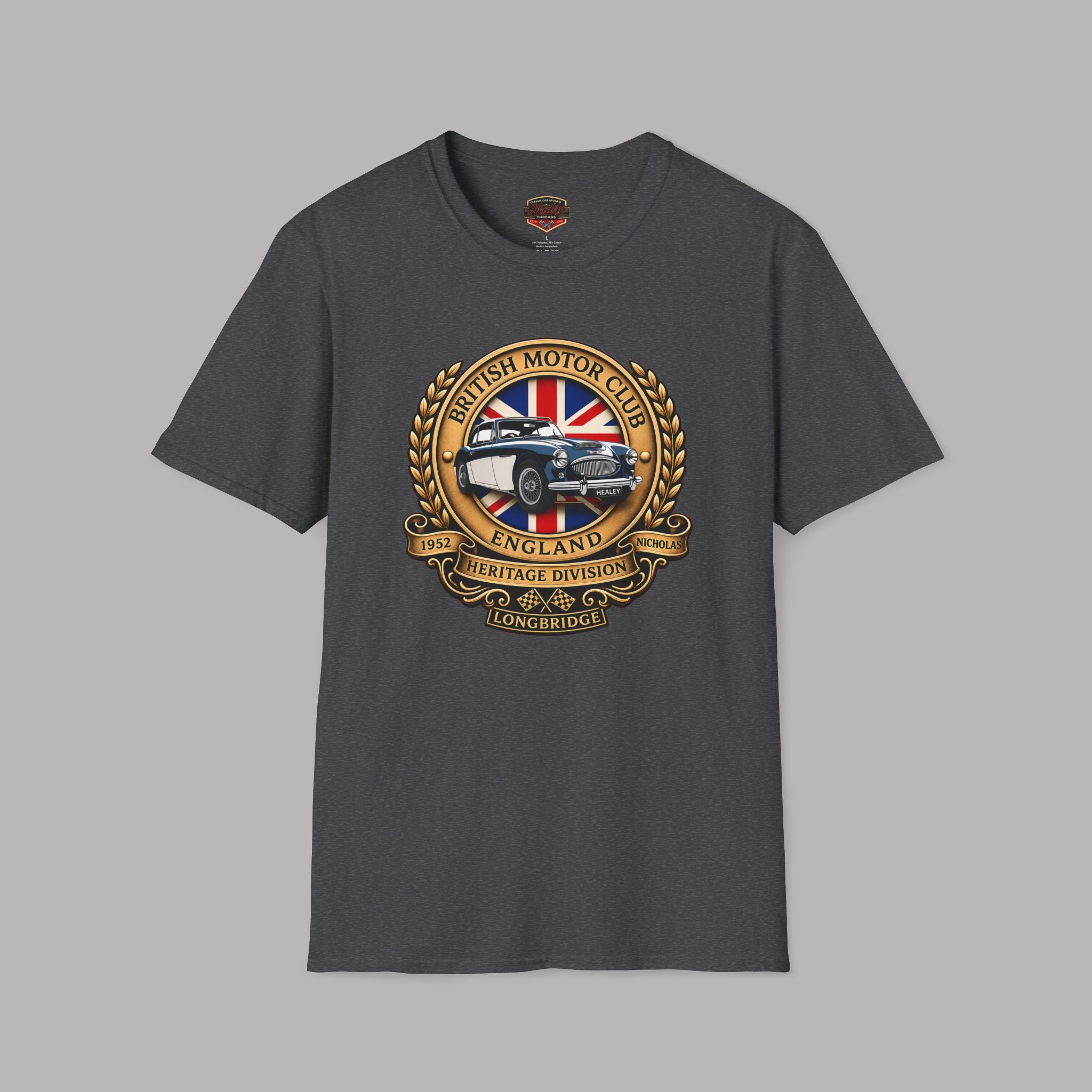 Dark heather t-shirt with a graphic British Motor Club logo on a white background