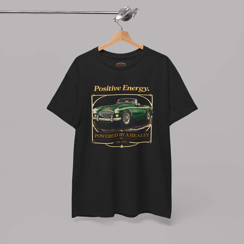 Black t-shirt with a graphic design of a green car and text on a gray background