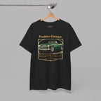 Black t-shirt with a graphic design of a green car and text on a gray background