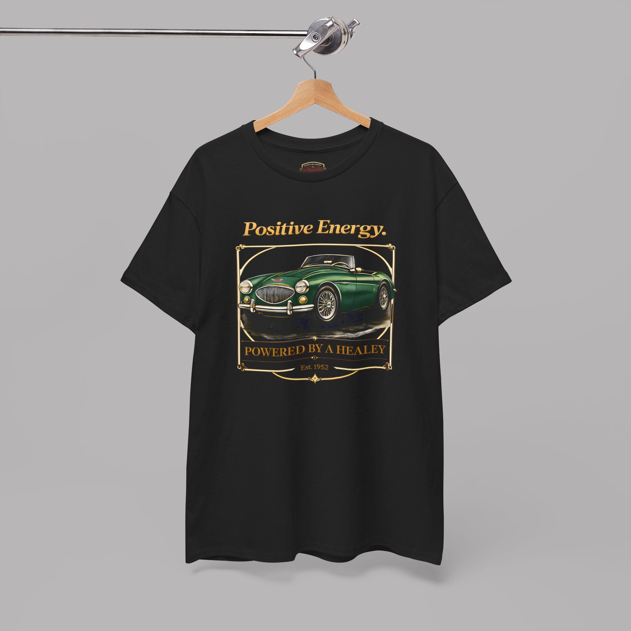 Black t-shirt with a graphic design of a green car and text on a gray background