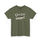 Military green t-shirt with 'Classic Cars No Updates Required' text on a white background