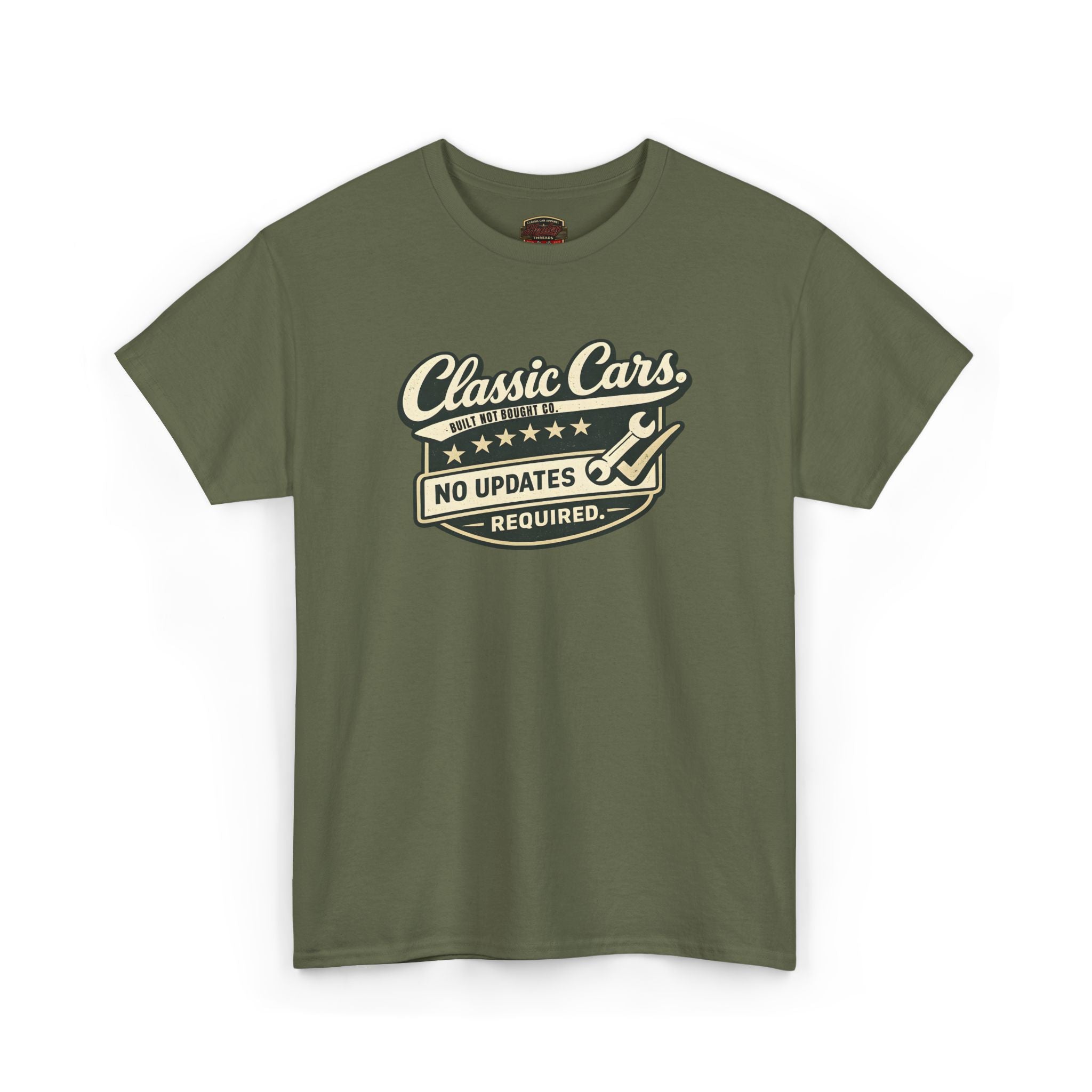 Military green t-shirt with 'Classic Cars No Updates Required' text on a white background