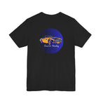 Back view of a black t-shirt with a blue circle featuring an Austin Healey car design on a white background