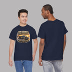 Navy blue t-shirt with classic car graphic design on front worn by two models against a gray background